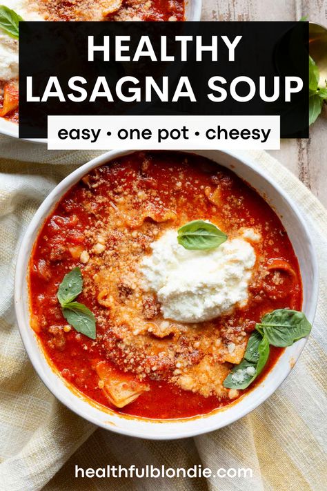 This easy high protein lasagna soup recipe is rich, cheesy, and made in one pot. It’s a simple and delicious Italian soup with pasta, made with ground beef and lightened up with cottage cheese. A comforting weeknight dinner idea that is also great for meal prep! Light Lasagna Soup, Healthier Lasagna Soup, Lasagna Soup High Protein, Protein Lasagna Soup, Lasagna Soup Recipe With Cottage Cheese, Cottage Cheese Soup Recipes, High Protein Lasagna Soup, Lasagna Soup With Cottage Cheese, Soup Recipes High Protein