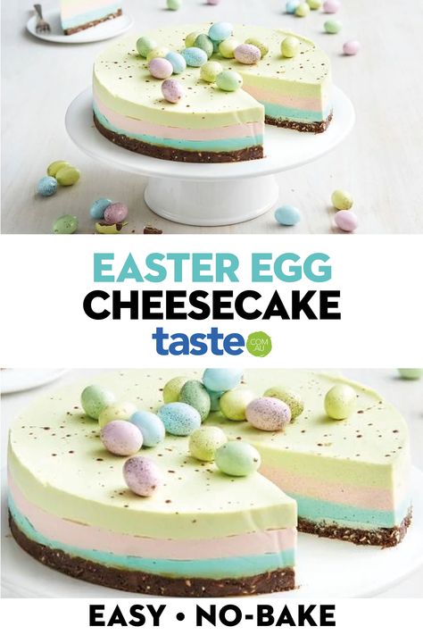 This no-bake rainbow cheesecake makes the perfect Easter centrepiece. Take off the chocolate speckled eggs and it's perfect year-round! #easter #easterbaking #easterrecipes #cheesecake #dessert #cake Easter Nests Recipe, Easter Egg Cheesecake, Easter Centrepiece, Easter Dinner Sides, Rainbow Cheesecake, Easter Pie, Dessert Recipes For Kids, Cheesecake Dessert, Easter Desserts Recipes