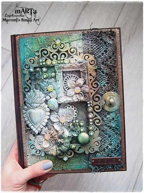 Marta Lapkowska: Mixed Media Journal Cover + VIDEO Tutorial for Dus... Mixed Media Journal Cover, Steampunk Mixed Media, Media Journal, Dusty Attic, Altered Canvas, Mixed Media Cards, Art Journal Cover, Mixed Media Art Canvas, Mixed Media Crafts