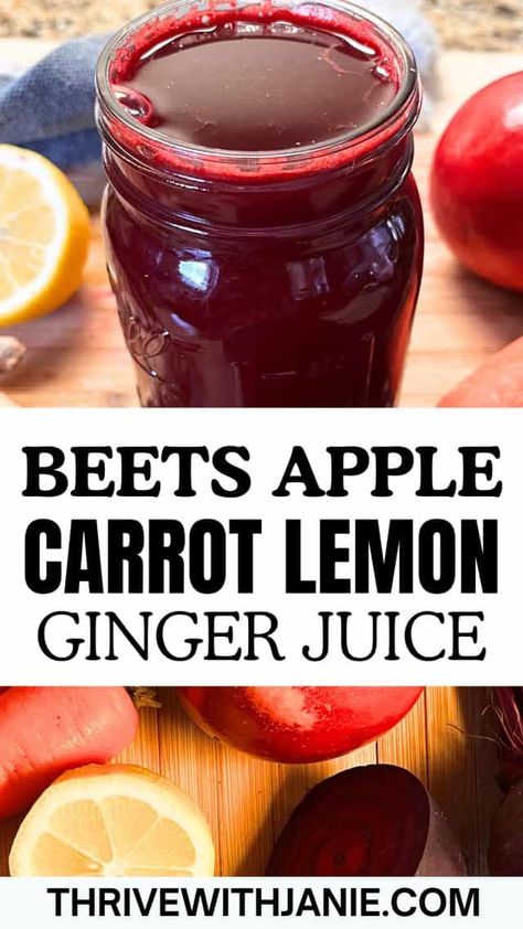 Beet carrot apple lemon ginger juice Beet Carrot Ginger Juice, Juicer Recipes With Beets, Ginger Beetroot Juice, Juice Carrot Recipes, Juice Beets Recipe, Beet Apple Carrot Juice, Beets Carrots Apple Juice, Juicing Recipes With Beets And Ginger, Best Beet Juice Recipe