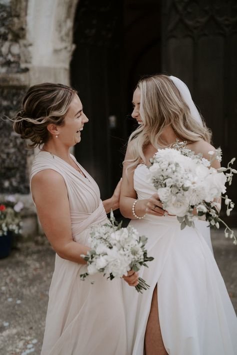 Bride and Maid of Honour laughing together outside of church. Bride And Maid Of Honour Photos, Bride Maid Of Honour Photos, Bride And Maid Of Honor Photos, Maid Of Honour And Bride Photos, Maid Of Honor Pictures With Bride, Bride And Maid Of Honor Pictures, Maid Of Honor Photos, Maid Of Honor Toast, Norfolk Wedding