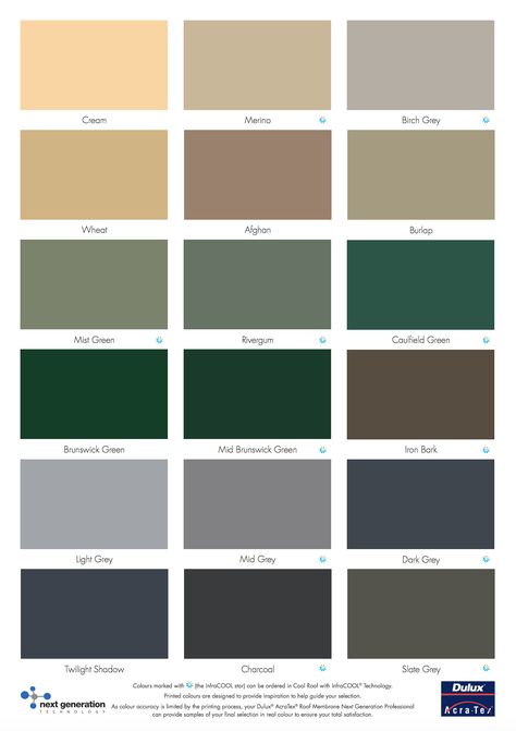 Dulux Colour Chart | Nev's Roof Restoration Brisbane Dulux Colours, Dulux Colour Chart, Dulux Paint Colours, Colorbond Roof, Roof Restoration, Roof Paint, Terracotta Roof, Dulux Paint, Roof Inspection