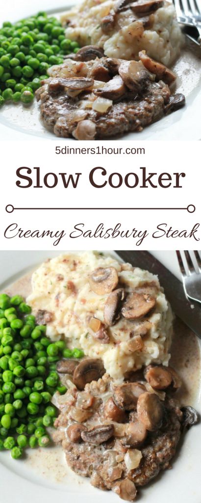 Slow Cook Salisbury Steak in Cream Gravy. Shut the front door, this is heaven on a plate! | 5dinners1hour.com Crockpot Salsberry Steak Crock Pot, Easy Slow Cooker Salisbury Steak, Pressure Cooker Salisbury Steak, Slow Cooker Salisbury Steak Cooktop Cove, Slow Cooker Salisbury Steak Super Easy, Salisbury Steak Crockpot, 5 Dinners, Slow Cooker Salisbury Steak, Crockpot Steak