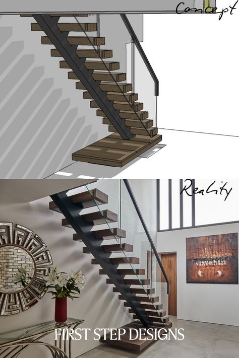 Spine Staircase, Glass Balustrade, Steps Design, Steel Construction, Powder Coated, Laser Cut, Bespoke, Floating, Siding