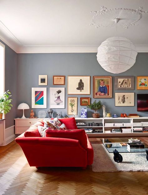 Red Sofa Ideas Herringbone Wood Flooring Gallery Wall via West Elm Burgundy Couch Living Room Color Schemes, Red Leather Sofa Living Room, Red Sofa Decorating, Red Couches, Red Sofa Living, Red Sectional Sofa, Red Sofa Living Room, Red Couch Living Room, Leather Sofa Living