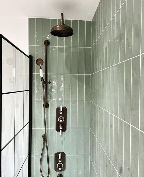 Sage Tile Shower Ideas, Sage Green Tiled Bathrooms, Bathroom Sage Tiles, Sage Green Bathroom Black Fixtures, Olive Green Shower Tile, Sage Tiles Bathroom, Bathroom Oil Rubbed Bronze Fixtures, Sage Shower Tile, Sage Green Shower Tile