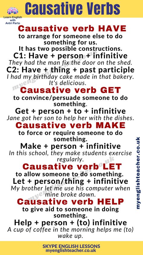 Causative verbs: Let - Make - Have - Get - Help - My Lingua Academy Causative Verbs, Advanced Grammar, English Grammar Rules, English Teaching Materials, Better English, Idioms And Phrases, Vocabulary Lessons, Verb Worksheets, English Grammar Worksheets