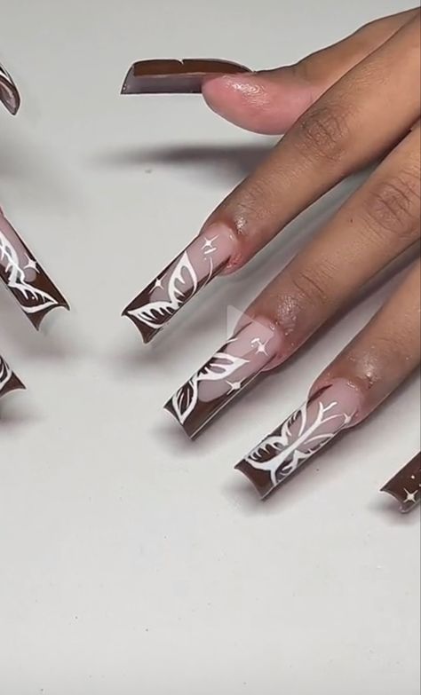 Brown French Tip Nails Acrylic With Butterfly, Brown Swirl French Tip Nails, Brown Nails Butterflies, Brown And Black Nails, White French Tip Nails With Black Butterflies, Brown And White Nails, Brown Frenchies Nail, Glitter French Tips, Brown Nails Design