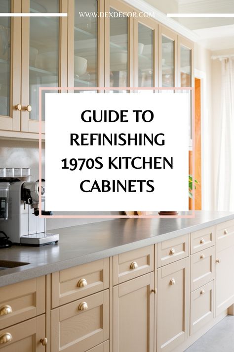 Guide to refinishing 1970s kitchen cabinets with modern decor. 1970s Oak Kitchen Cabinets, Painting 1970's Kitchen Cabinets, Diy Cabinet Refinishing, Paint And Wood Kitchen Cabinets, Refurbishing Kitchen Cabinets, Sanded Kitchen Cabinets, Old Wooden Kitchen Cabinets Makeover, 1960s Kitchen Cabinets Makeover, Restained Kitchen Cabinets