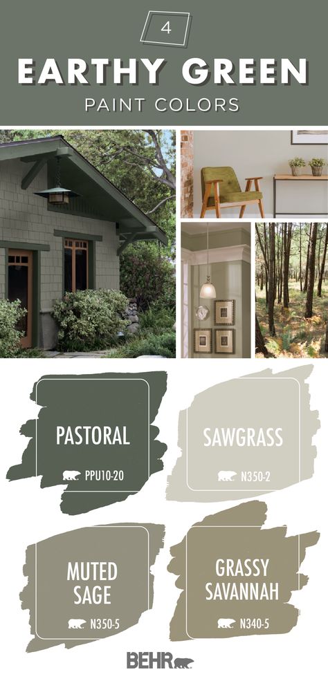 Become one with nature thanks to this earthy green color palette from Behr Paint. Dark shades like Pastoral come together with light hues like Sawgrass, Muted Sage, and Grassy Savannah to create a peaceful and relaxing style for the interior or exterior of your home. Click below to learn more. Earthy Greens, House Paint Color Combination, Color Combinations Paint, Behr Paint, Earthy Green, Green Paint Colors, Exterior Paint Colors For House, Diy Outdoor Decor, Casa Exterior