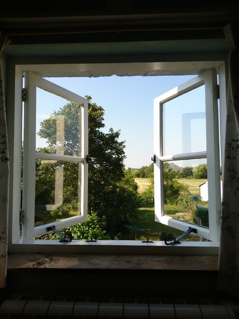 Aesthetic windows, view, country, glass, wood, morning, golden hour, blue, green, white, home decour, house, old-fashioned Window House Aesthetic, Old Fashioned Windows, French Window Aesthetic, Open Window Aesthetic, French Windows Aesthetic, Cottage Stained Glass Window, Old Window Aesthetic, White Kitchen Windows, Countryside View From Window