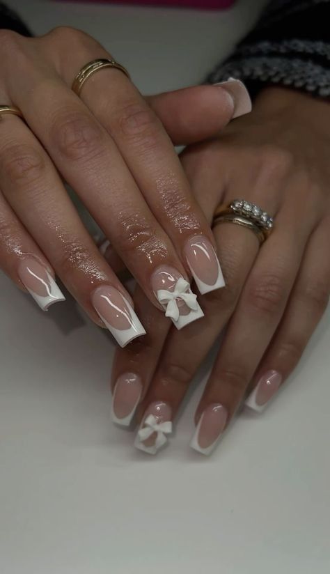 White Nails With Designs And Gems, White Nail Inspo French Tip, Short White Graduation Nails, White French Tip Nails With Bow Charm, Nails New Year Design, Summer Acrylic Nails Square French Tip, White Short French Tip Nails With Design, French Tips Nails Design, Grad Nail Ideas White