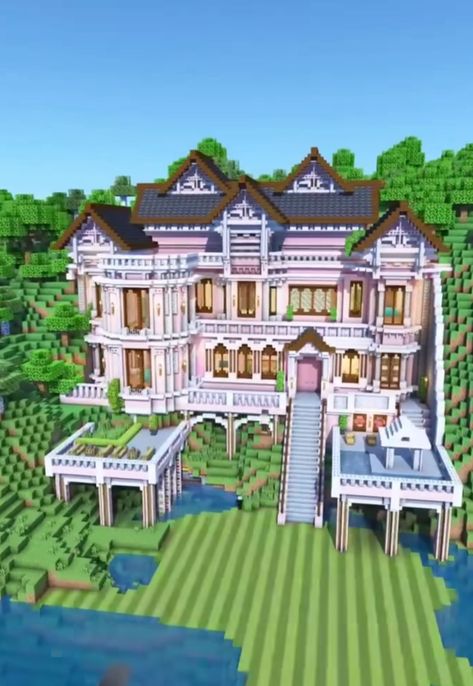 Minecraft Houses Pink Mansion, Cute Minecraft Mansions, Minecraft Pink Palace, Aesthetic Minecraft Mansion, Barbie Minecraft Builds, Minecraft Pink Castle Tutorial, Minecraft Fancy Houses, Minecraft Building Ideas Girly, Pink Mansion Minecraft