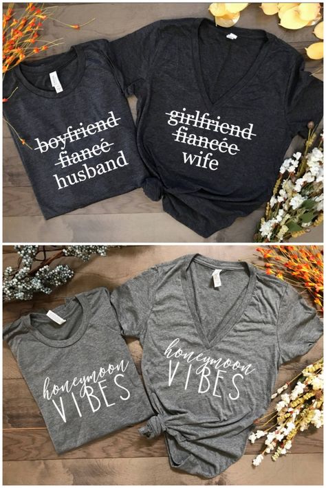 Girlfriend Fiancee Wife / Boyfriend Fiance Husband Newly Wed Shirt: http://www.confettidaydreams.com/newly-wed-honeymoon-shirts/ Original Wedding Ideas, Honeymoon Vibes, Gorgeous Wedding Makeup, Disney Honeymoon, Married Shirt, Honeymoon Shirts, Newly Wed, Cruise Wedding, Honeymoon Outfits