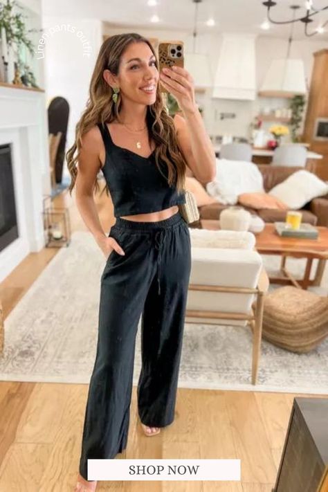 How to Style Linen Pants Casual. Black Linen Pants Outfit. Black Linen Pants Outfit Summer, Black Linen Pants Outfit, Wide Leg Linen Pants Outfit, How To Style Linen Pants, Linen Set Outfit, Linen Pants Outfit Summer, Style Linen Pants, Outfit Wide Leg, Granola Girl Outfits