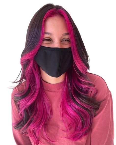 Pink Hair Streaks, Gemini Hair, Pink And Black Hair, Pink Hair Dye, Black Hair Balayage, Dip Dye Hair, Hair Color Underneath, Peekaboo Hair, Hair Color Streaks