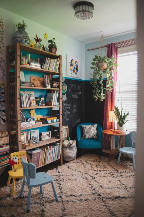 eclectic kids room Maximalist Playroom, Maximalist Kids Room, Eclectic Playroom, Ghibli Nursery, Whimsical Playroom, Eclectic Kids Room, Hand Painted Wall Art, Shared Room, Custom Toys