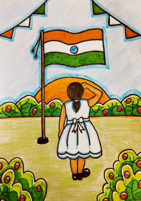 Republic Drawing For Kids, 15 August Project For Kids, Independence Day Flag Drawing, 15th August Independence Day Poster Drawing, Drawing Related To Republic Day, Indepands Day Drawing, Patriotic Drawings Easy, Independence Day Drawing Easy For Kids, Indipendente Day Name Art