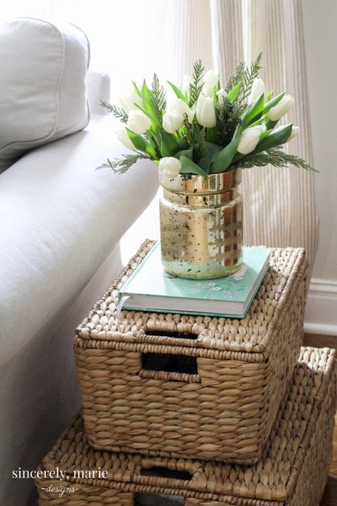 My Favorite Baskets – Alternative End Table Alternatives To Coffee Table, Side Table Alternatives, Coastal End Tables Living Room, Coffee Table Alternative Ideas, Basket Side Table, Side Table Ideas, Coffee Table Alternatives, Unique Side Table, Wicker Coffee Table