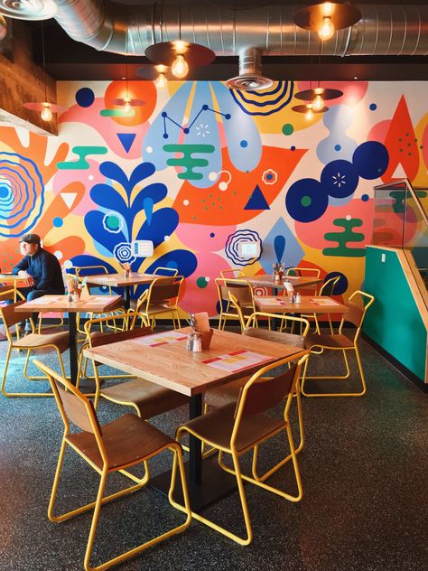 Pour la cuisine Theme Cafe, Backyard Restaurant, Colorful Cafe, Interior Murals, School Murals, Mural Design, Mural Wall Art, Wall Graphics, Restaurant Interior