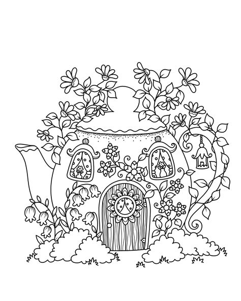 Fairy Garden Drawing Simple, Cottage Core Coloring Pages, Cottagecore Coloring Pages, Fairy Garden Drawing, House Quilt Patterns, Adult Coloring Books Printables, House Colouring Pages, Cute Little Tattoos, Detailed Coloring Pages