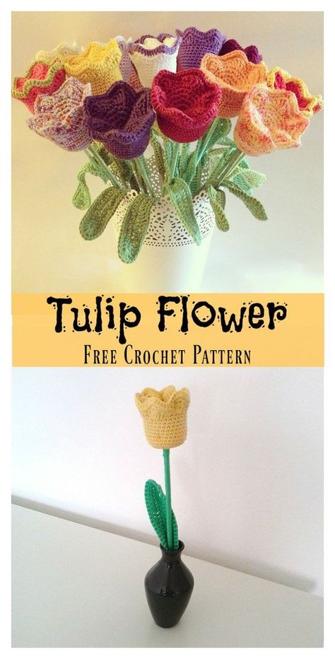 Tulip Flower Free Crochet Pattern #freecrochetpattern #crochetflowers Bouquet Crochet, Crochet Tulip, Crochet Puff Flower, Beau Crochet, Crochet Flowers Easy, Confection Au Crochet, Crochet Flowers Free Pattern, Crochet Bouquet, Pola Amigurumi