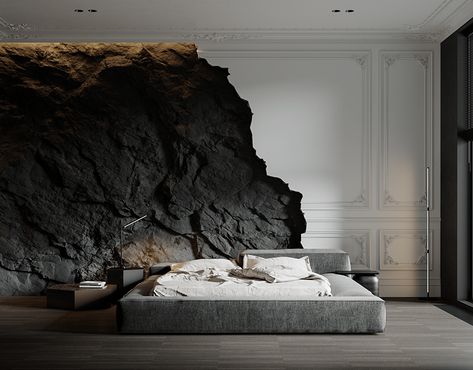 Apartment With a Waterfall on Behance Neoclassical Bedroom Design, Neoclassical Bedroom, Unique Bedroom Design, Neoclassical Interior, Eclectic Bedroom, Rock Wall, Bedroom Bed Design, Dark Interiors, Beautiful Interior Design