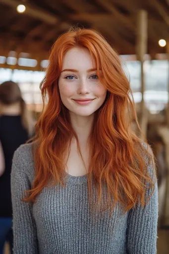 ↑↑↑ Larger size on website 🔸 A young woman with long, wavy, bright red hair is smiling softly at the camera. She has freckles on Red Haired Woman, Red Hair Freckles, Natural Image, Bright Red Hair, Gray Sweater, Young Woman, Bright Red, Redheads, Grey Sweater