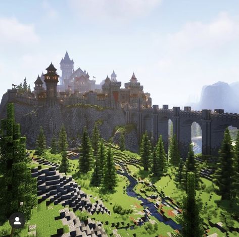 Castle On Hill Minecraft, Minecraft Castle On A Hill, Minecraft Hill Castle, Minecraft Castle On Mountain, Minecraft Mountain Village Ideas, Cliffside Minecraft House, Minecraft Cliffside Castle, Minecraft Castle Bridge, Minecraft Watchtower Ideas