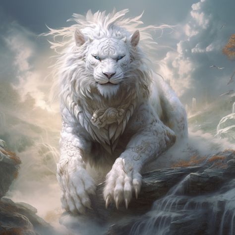 Fantasy Lion Mythical Creatures, White Lion With Wings, White Lion Art, Fantasy Lion, Lion Dragon, Nemean Lion, Giant Animals, Lion Wallpaper, Music Drawings