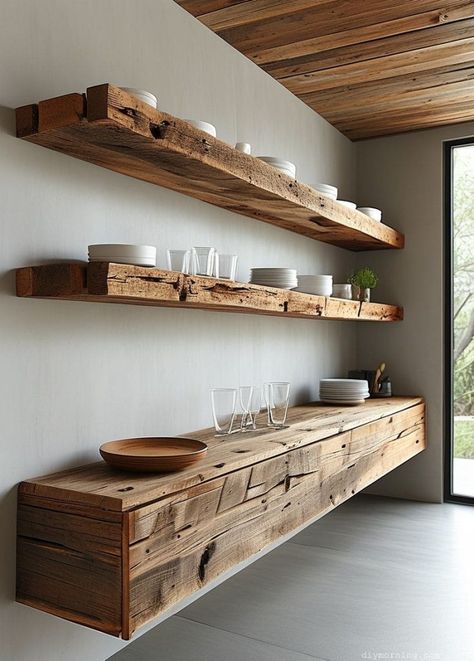 Reclaimed Wood Shelves: 50+ Stunning Ideas for Eco-Friendly Home Decor - Upcycled Around Town Kitchen Wall Of Shelves, Kitchen Wood Open Shelves, Long Wooden Shelves, Raw Edge Kitchen Shelves, Wooden Kitchen Sink, Kitchen Floating Shelves Decor, Wood Kitchen Shelves, Natural Wood Shelves, Rustic Wood Shelving