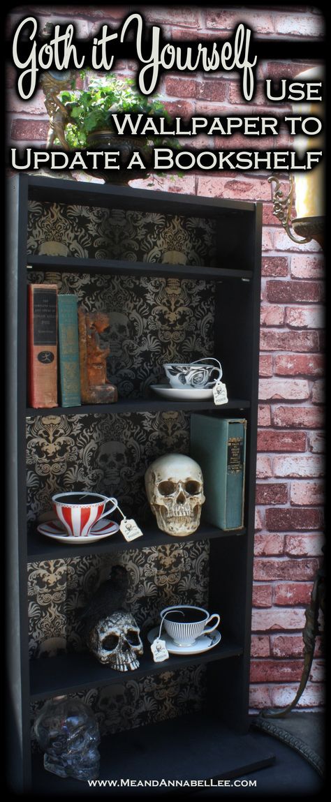 DIY Gothic Skull Bookcase | Black & Gold Baroque Skull Wallpaper | How to Apply to a Book Shelf | Goth Home Decor | www.MeandAnnabelLee.com California Home Decor, Diy Gothic, Wallpaper Crafts, Annabel Lee, Bookcase Diy, Furniture Website, Japanese Home Decor, Homemade Home Decor, Cute Dorm Rooms