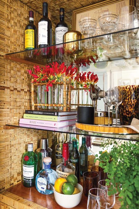 Bar Tray Styling, Rattan Wallpaper, China Cabinet Bar, Chinoiserie Panels, Creative Confidence, Home Bar Ideas, Upper East Side Apartment, Hey Bartender, Antique Bamboo