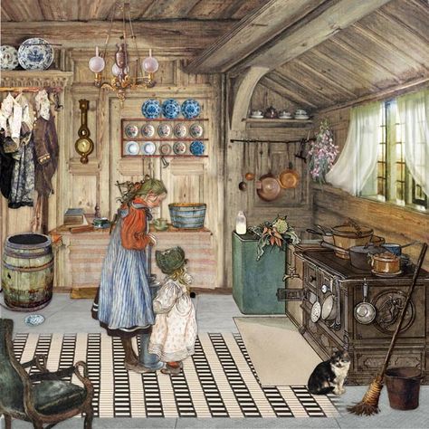 (28) The Kitchen - Inspiration from Carl Larsson's 'The Kitchen' | Just Art Community Carl Larson House, Carl Larson Paintings, Carl Larsson Paintings, Carl Larsson Interior, Om Illustration, Lore Pemberton, Karin Larsson, Digital Art Journaling, Collage Creator