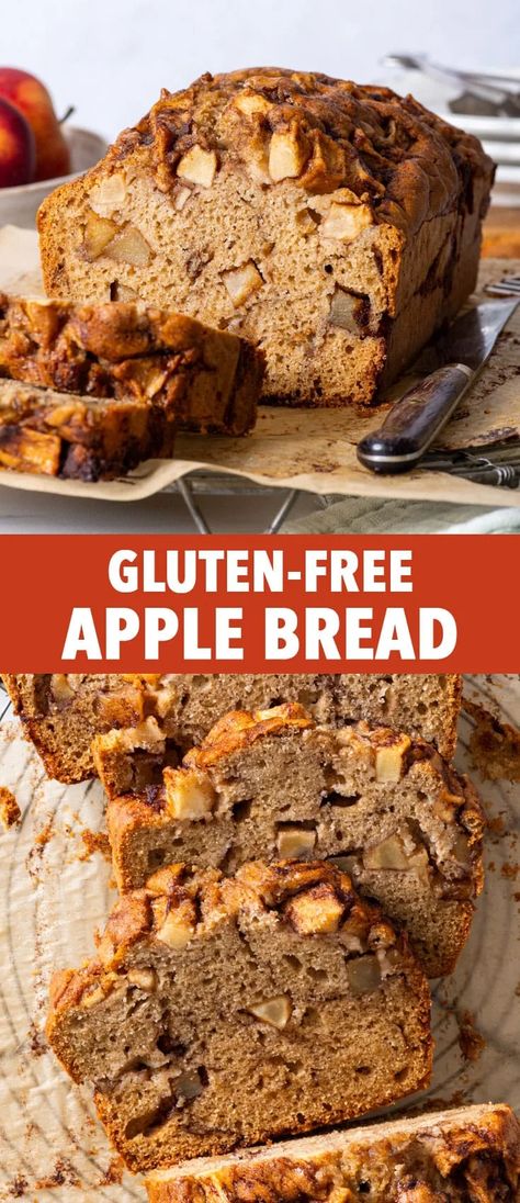 Gluten Free Apple Bread - This gluten free apple bread is the perfect cosy, no-fuss fall dessert. It’s wonderfully moist and tender, deliciously cinnamon-y and packed full of juicy apples. It’s super easy to make: you can whip it up in about 20-30 minutes and then let it do its thing in the oven. Gluten free cake recipes. Fall dessert ideas. Apple recipes. Apple desserts. Gluten Free Apple Blondies, Gluten Free Apple Cake Recipe Easy, Gluten Free Cinnamon Apple Cake, Cinnamon Bread Gluten Free, Granny Smith Apple Recipes Gluten Free, Gluten Free Breakfast Bread Recipes, Gluten Free Apple Bread Recipe Easy, Gluten Free Apple Cinnamon Bread, Gluten Free Apple Loaf