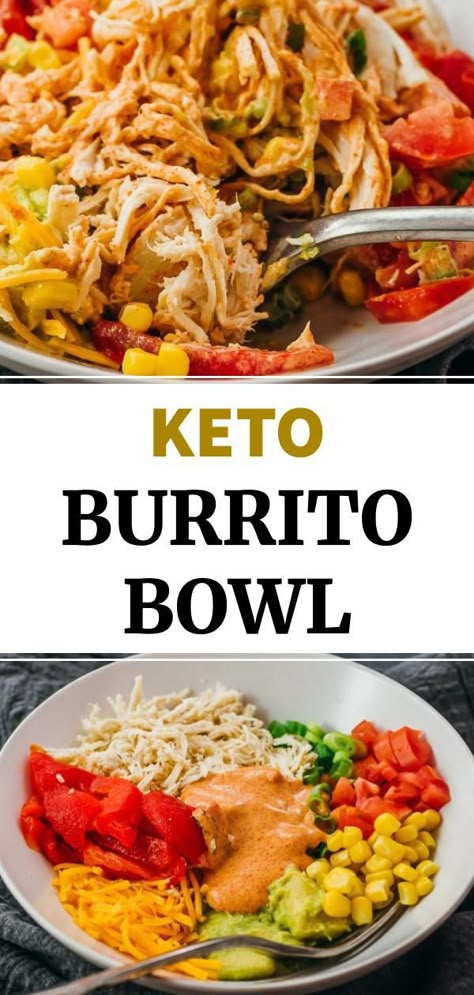 Copycat Chipotle Bowl, Keto Shredded Chicken, Keto Burrito Bowl, Keto Burrito, Burrito Chicken, Shredded Chicken Burrito, Chicken Instapot, Southwest Sauce, Burrito Bowl Meal Prep