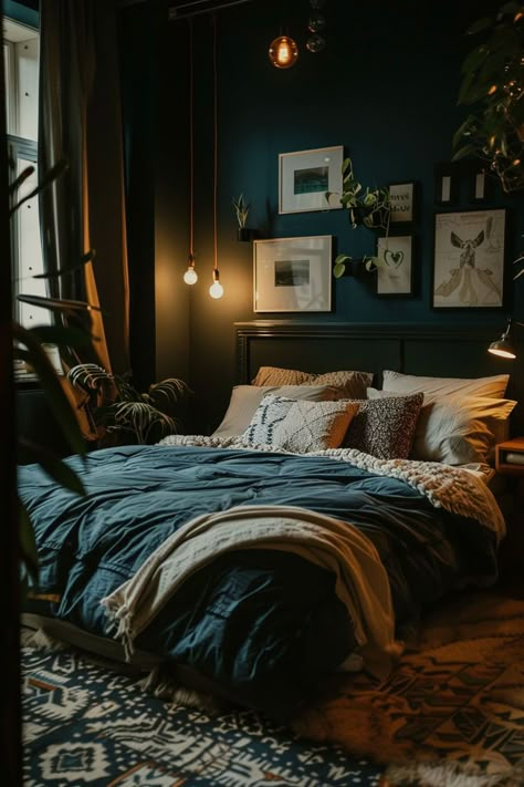 Explore 29 stunning dark bedroom ideas. Add classic charm to your room with modern accent walls. Click the link for more and save the pin! Dark Color Walls Bedroom, Dark Floors And Dark Walls, Dark Green Bedrooms Ideas, Bedroom Decor Ideas Dark, Dark Walls Bedroom Master Bed, Masculine Dark Bedroom, Dark Maximalist Decor Bedroom, Rustic Bedroom Wall Colors, Green Bedroom Dark