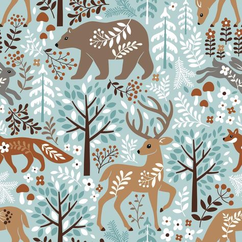 Scandinavian Illustration, Woodland Illustration, Textile Wallpaper, Scandinavian Print, Scandinavian Folk Art, Natural Christmas, Winter Animals, Tree Patterns, Christmas Illustration