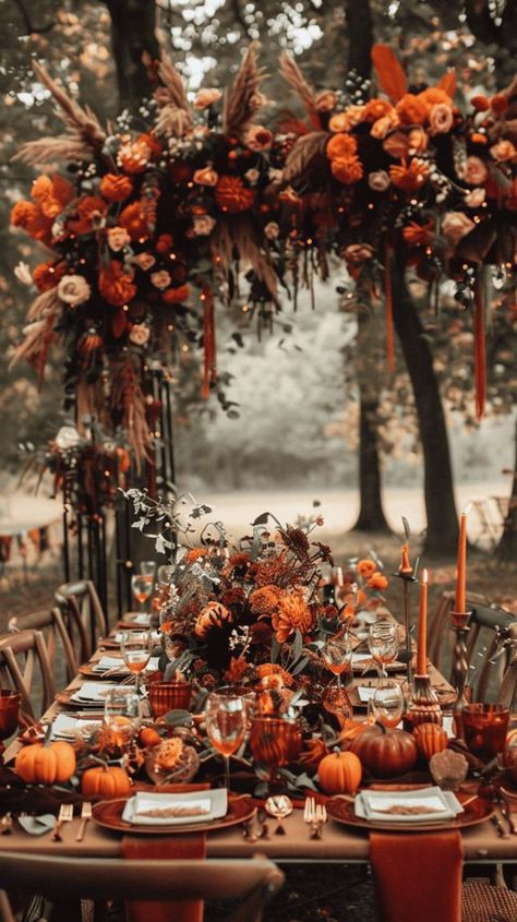 Fall Wedding Pumpkin Decor, Autumnal Gothic Wedding, Black And Pumpkin Orange Wedding, Autumn Aesthetic Wedding, Dark Orange Wedding Theme, Dark Fall Wedding Colors, Fall Wedding Themes Colors, Moody Fall Wedding Colors, Fall Wedding Vibes