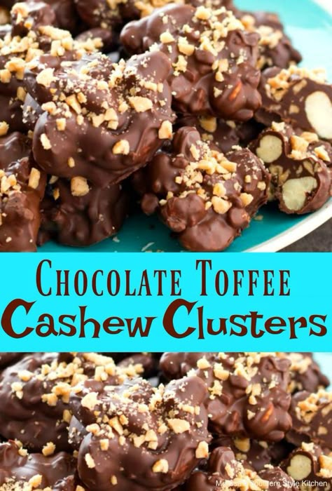 Chocolate Toffee Cashew Clusters #candy #chocolate #candyclusters #cashews #holdays #christmas #holidayseason #toffee #sweets #desserts #recipes #food #homemade #homemadegifts Cashew Clusters, Chocolate Clusters, Homemade Toffee, Toffee Candy, Toffee Recipe, Recipes Fall, Candy Recipes Homemade, Christmas Candy Recipes, Nut Recipes