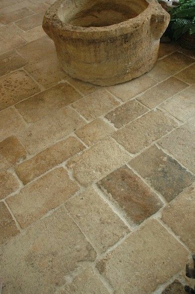 Pave Tile, French Chateau Exterior, Chateau Exterior, French Limestone, Kabinet Dapur, Stone Floor, Patio Tiles, Patio Flooring, Brick Flooring