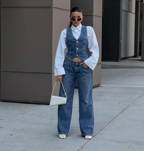 Estelle Manor, All Blue Outfit, Denim Vest Outfit, Modeling Outfits, Throwing Fits, Vest Outfit, All Jeans, Summer Work Outfits, Double Denim