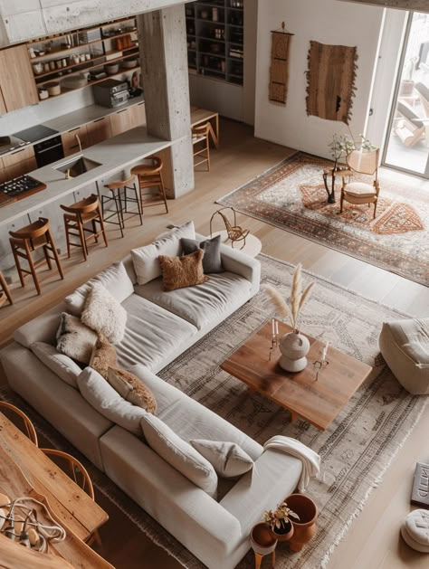 Modern House Cozy Interior, Cozy Living Room With Kitchen, Farmhouse Modern Family Room, Different Couch Styles, Dual Living Room Ideas, Casual Elegant Living Room, Cozy Family Room Ideas With Tv, Living Room Designs Warm Color Schemes, Open Living Room Designs Layout