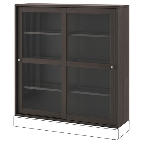 IKEA - HAVSTA, Glass-door cabinet, dark brown, You can mount this stackable unit on a 18½" deep cabinet with sliding doors to create a vertical combination, or convert it into a standalone by adding the toekick in compatible size. Two people are needed to assemble this furniture. Havsta Ikea, Ikea Display, Ikea Havsta, Wine Glass Shelf, Glass Shelves Decor, Glass Shelves Kitchen, Storage Furniture Living Room, Cherry Color, Tempered Glass Shelves