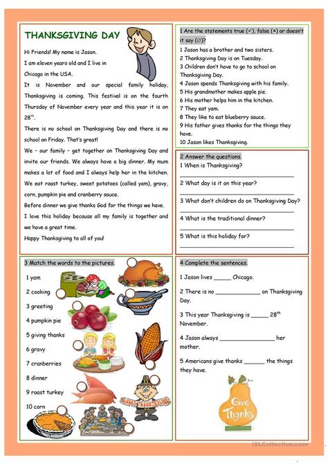 Thanksgiving Reading Comprehension, Thanksgiving Readings, Thanksgiving Lessons, Thanksgiving Worksheets, Esl Reading, Comprehension Exercises, Free Thanksgiving, English Activities, Comprehension Worksheets