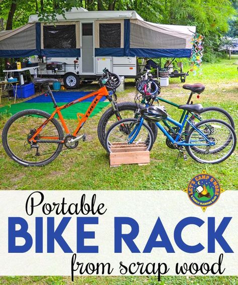 DIY Portable Bike Rack - Need a bike rack for your garage, campsite, or yard? Create this portable Bike Rack out of scrap wood. This frugal project is goes together in under an hour. Bikes In Garage, Living Remodel, Campsite Decorating, Campsite Ideas, Rv Pet, Diy Bike Rack, Bike Diy, Organized Garage, Camper Remodeling