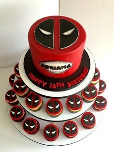 Deadpool Cake, Deadpool Party, Deadpool Birthday, 22nd Birthday Cakes, Cupcakes Fondant, Pool Birthday, Dead Pool, Happy 16th Birthday, Themed Birthday Cakes