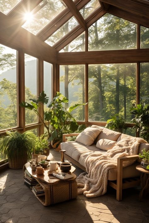 Cabin Patio, Nature Houses, Forest Homes, Cabin Living Room, Forest Cottage, Earthy Home, Cozy Cabins, Sunroom Designs, Beautiful Forest