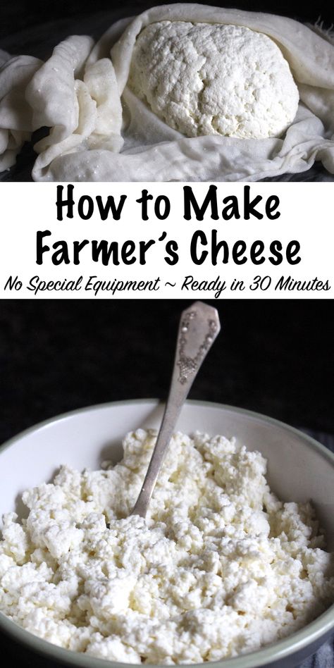 How to Make Farmer's Cheese ~ No special equipment and ready in under 30 minutes, homemade farmer's cheese is an easy beginning cheesemaking recipe. Farmers Cheese Recipes, Cheese Recipes Homemade, Farmer’s Cheese, Cheese Making Recipes, Goat Milk Recipes, Diy Cheese, Farmers Cheese, Cheese Making, Homemade Cheese