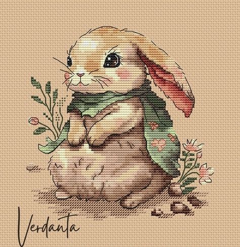 Baby Bunny cross stitch chart designed by Verdanta.  ATTENTION! Fabric and threads are not included! Cross stitch charts are intended for personal use only and can't be distributed any way. Bunny Cross Stitch Pattern, Bunny Cross Stitch, Baby Cross Stitch, Free Cross Stitch Pattern, Pumpkin Cross Stitch, Bunny Blanket, Hand Embroidery Patterns Free, Baby Cross, Beading Tools